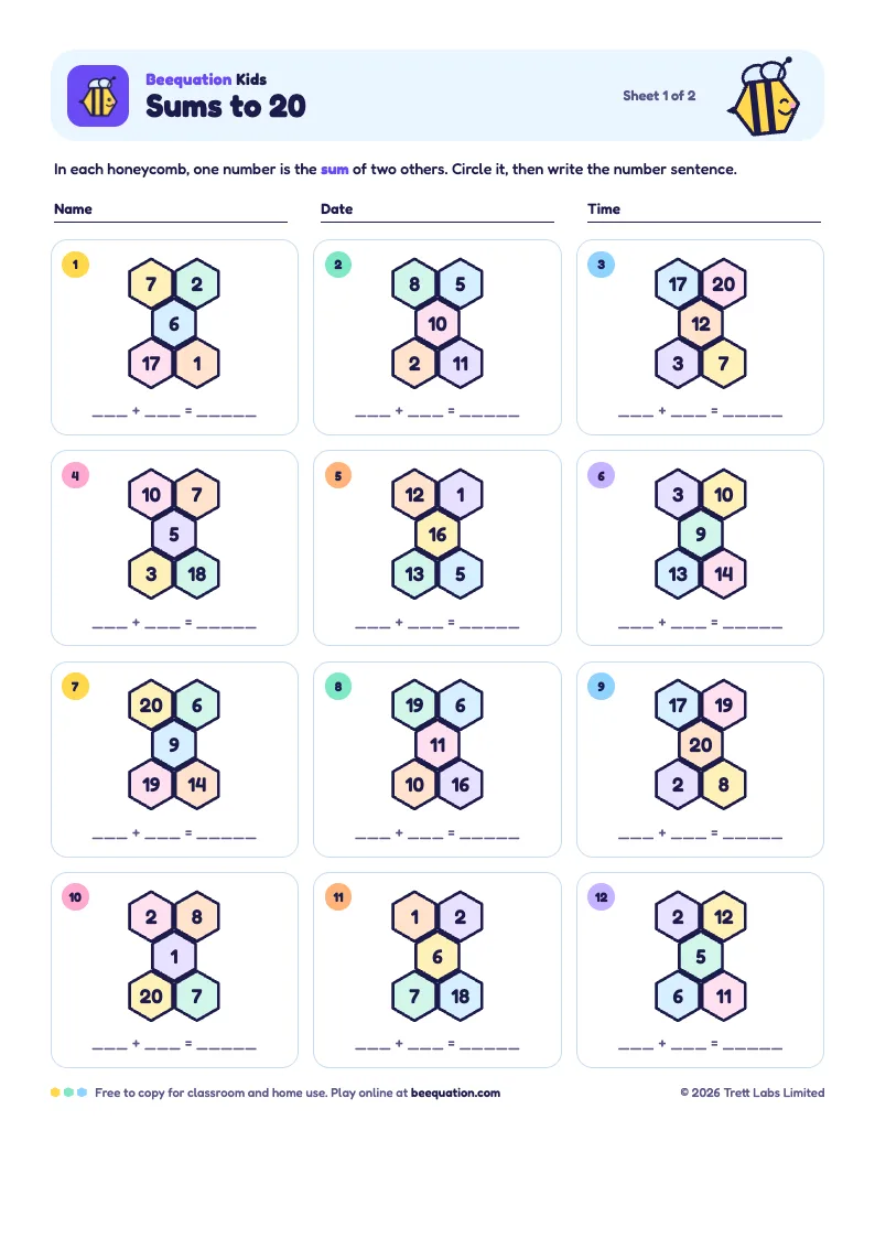 Eerste pagina van het puzzelpakket van Beequation Kids: twaalf kleurrijke honingraatpuzzels met Indie de bij en ruimte om de som op te schrijven
