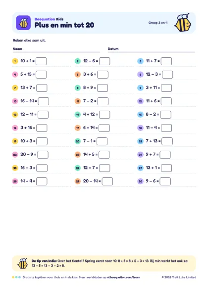 Voorbeeld van het werkblad ‘Plus en min tot 20’