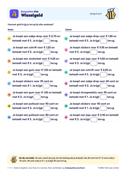 Voorbeeld van het werkblad ‘Wisselgeld’