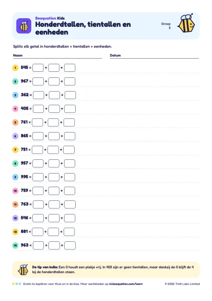 Voorbeeld van het werkblad ‘Honderdtallen, tientallen en eenheden’