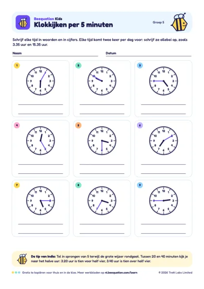 Voorbeeld van het werkblad ‘Klokkijken per 5 minuten’